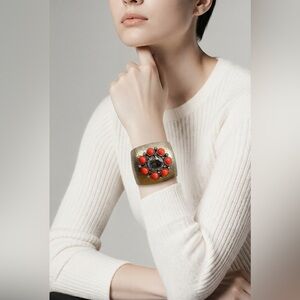 Vintage Gerard Yosca Statement Cuff Bracelet Jeweled Flower Hammered Brass